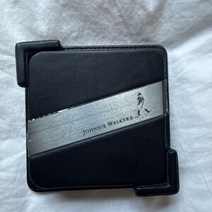 Johnnie Walker Scotch Whiskey Coasters Set of 4 Faux Black Leather With Holder